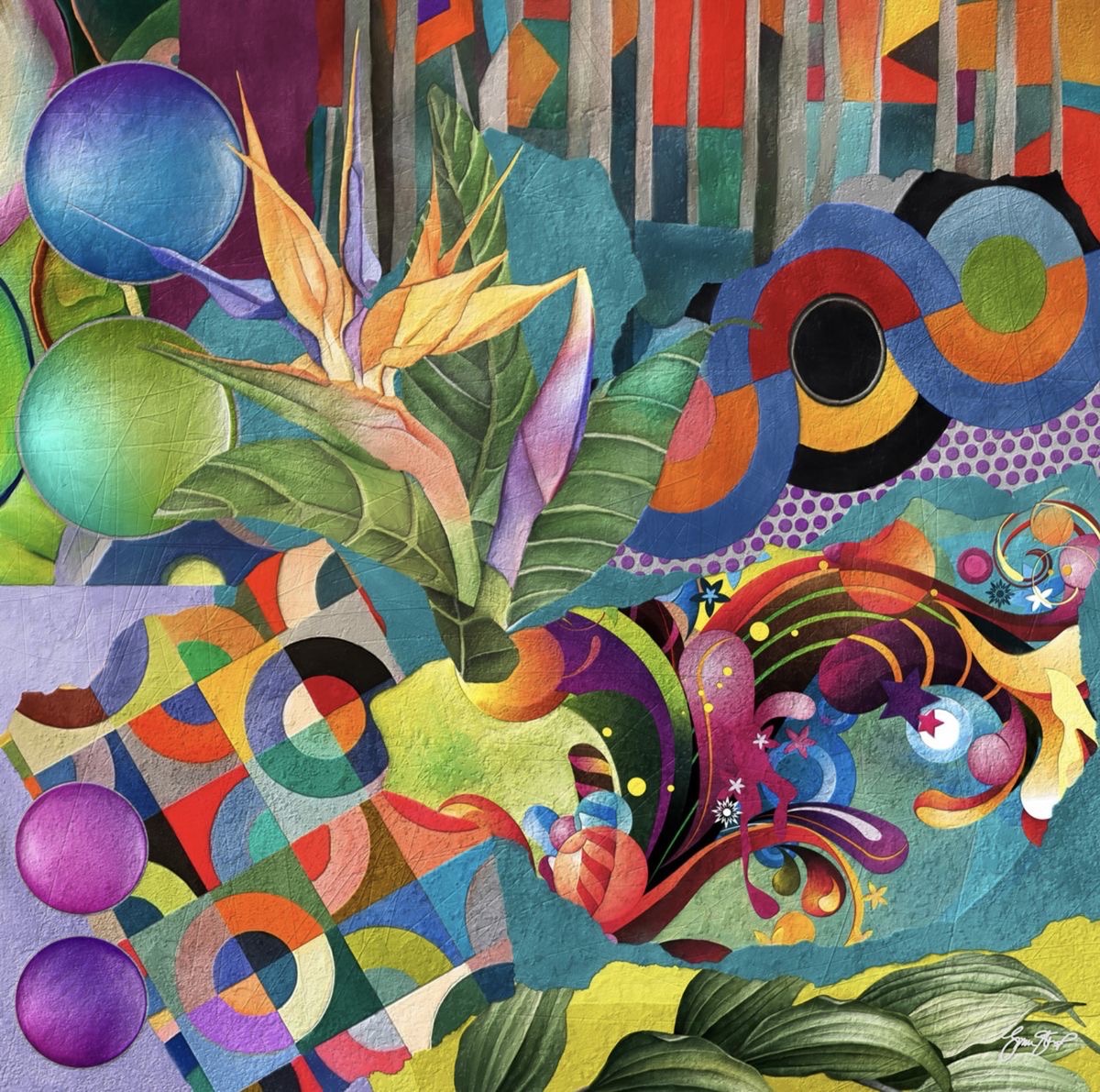 Colorful abstract painting with tropical leaves, circles, and swirling geometric shapes