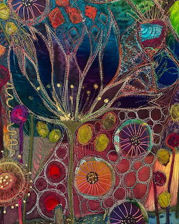 Colorful mixed media textile art with abstract flowers, circles, and organic shapes in jewel tones