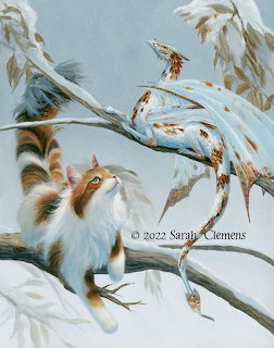 Watercolor painting of an orange and white cat on snowy branches with small birds in a pale blue winter scene
