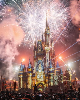 Fireworks exploding over illuminated castle at night with crowd silhouettes