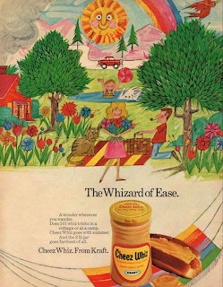 Vintage Cheez Whiz ad with cheerful illustrated scene, sun, rainbow, trees, and product jar at bottom