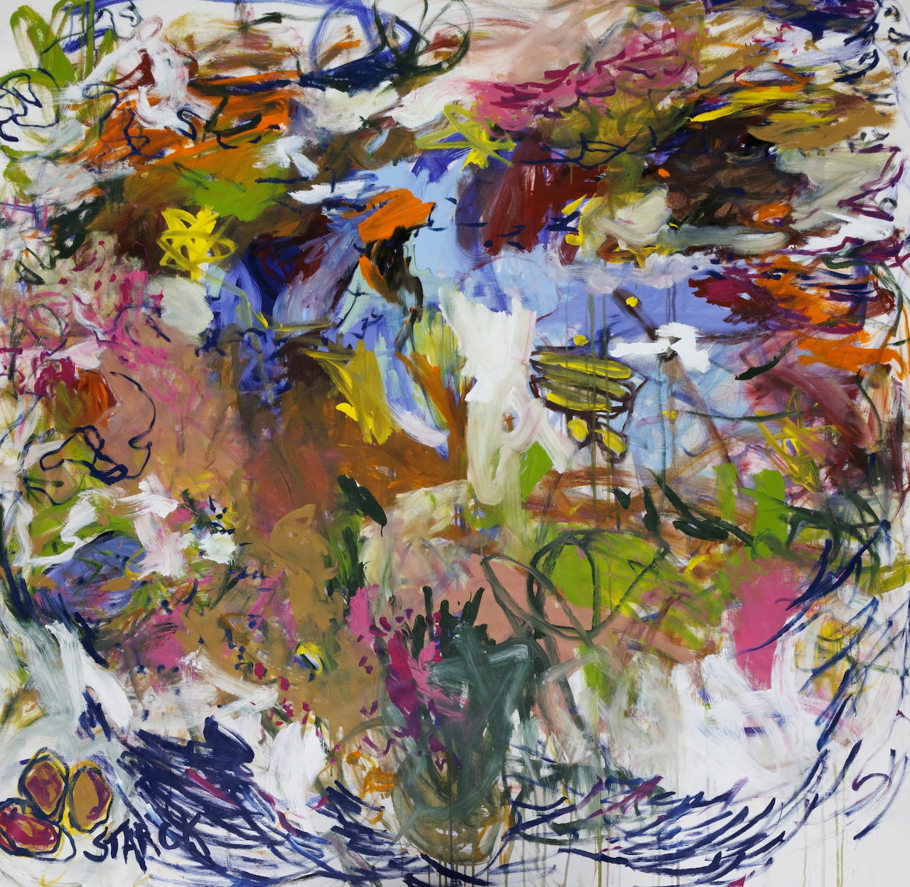 Abstract expressionist painting of colorful flowers in a vase with energetic brushwork