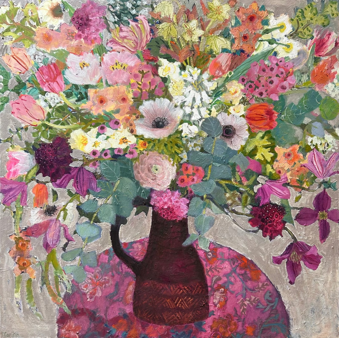 Abstract painting of a large, colorful flower bouquet in a vase with pink, purple, orange, and white blooms