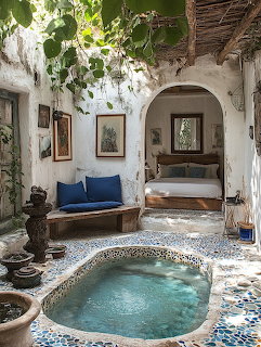 White Mediterranean courtyard with small turquoise plunge pool, blue cushions on daybed, and arched bedroom entrance
