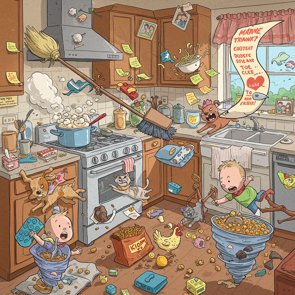 Chaotic cartoon kitchen with children, overflowing pots, scattered toys, and mess everywhere