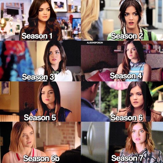 Grid collage of a brunette woman in labeled TV season screenshots