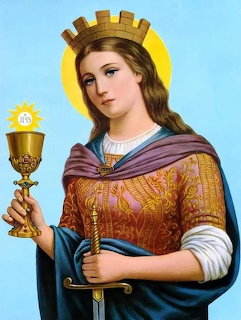 Saint Barbara with crown, halo, golden chalice and sword, religious illustration