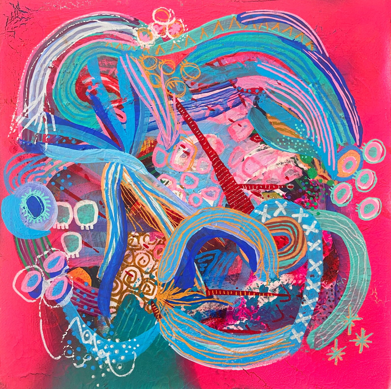 Colorful abstract painting with swirling curves, circles, and geometric patterns on pink background