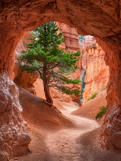 Pine tree growing in a red rock arch along a sandy trail in Bryce Canyon with orange hoodoos behind