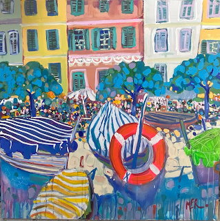 Colorful painting of Mediterranean coastal square with boats, umbrellas, and yellow buildings