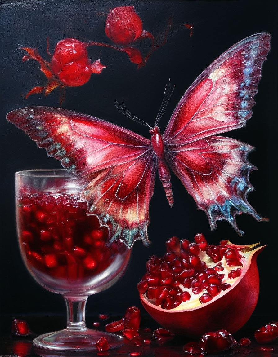 Red butterfly next to glass of pomegranate juice and cut pomegranate on dark background