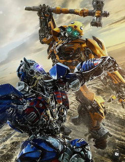 Optimus Prime and Bumblebee fighting with weapons in explosive battle scene