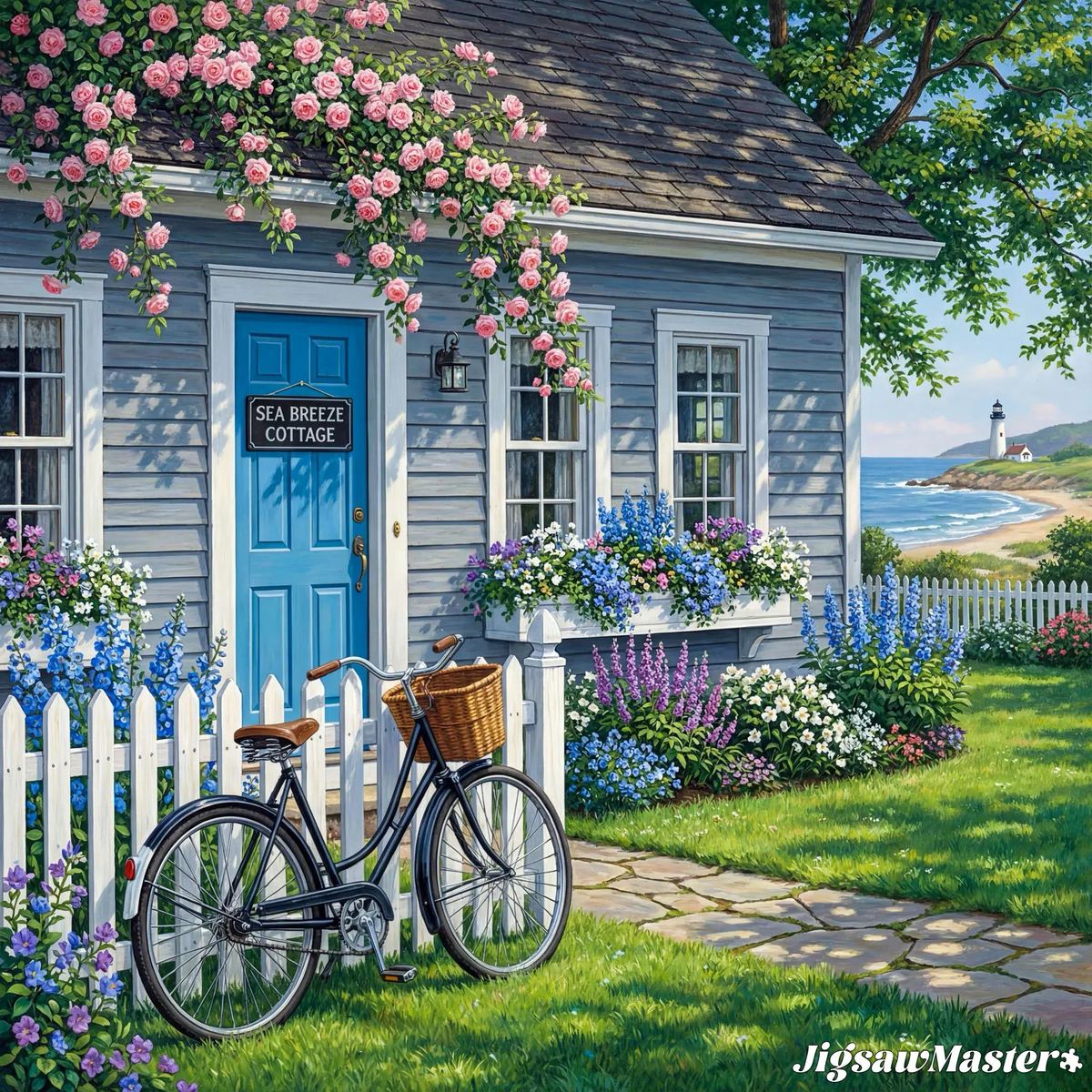 Blue cottage with flowers, bicycle, white fence, and distant lighthouse near the shore