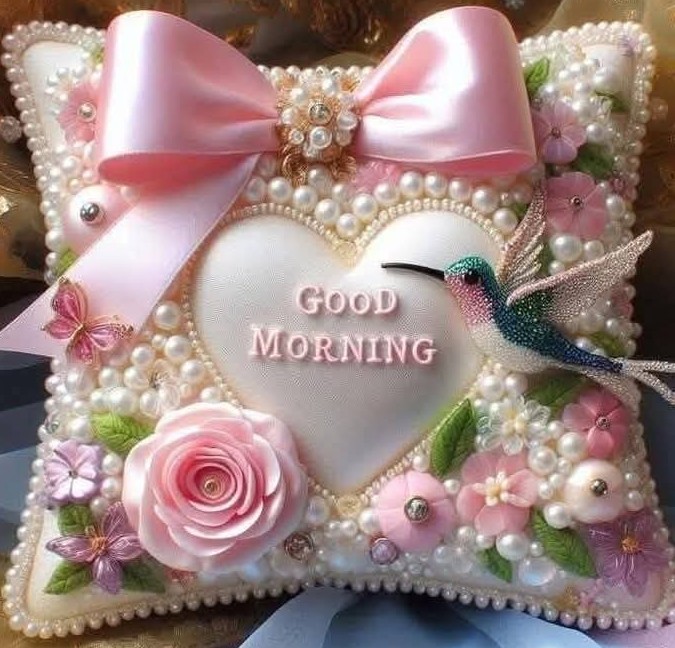 Pink satin pillow with pearls, pink bow, roses, and Good Morning heart centerpiece