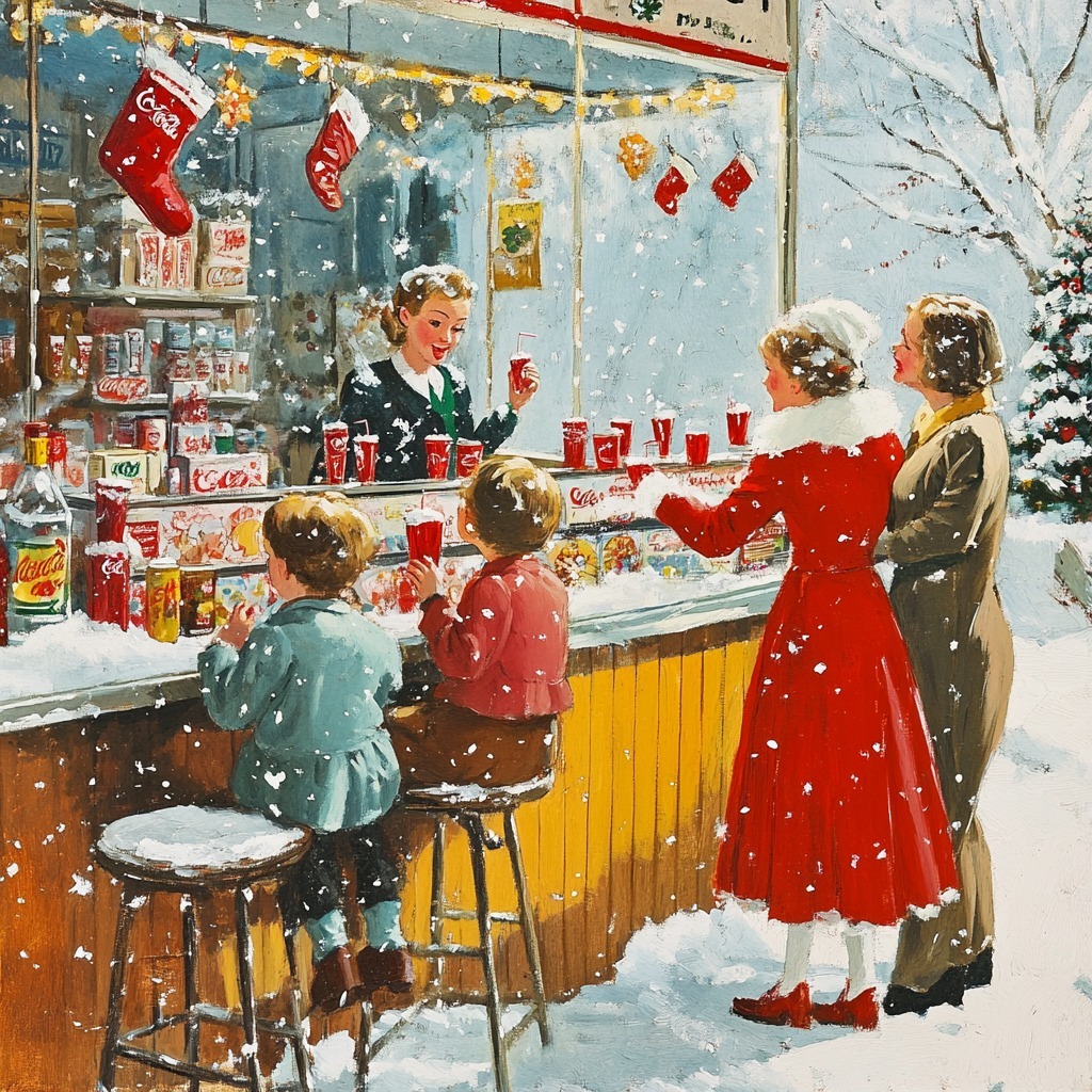 Vintage illustration of family at Christmas diner counter with snow and holiday decorations