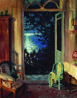 Painting of a dim room with an open door to moonlit water outside