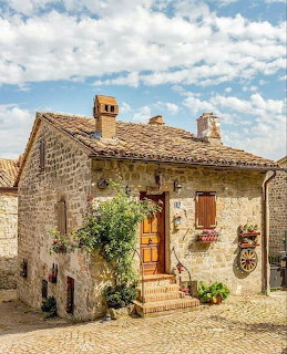 Rustic stone cottage with wooden door, shutters, climbing plants, and terracotta roof under cloudy blue sky
