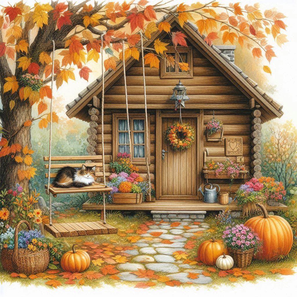 Illustrated autumn log cottage with pumpkins, flowers, and a cat on a swing