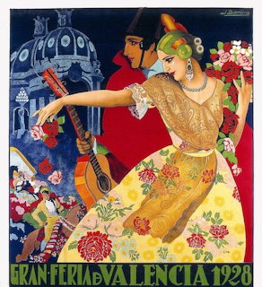 Vintage poster of a woman in a floral dress and a man with a guitar, with Valencia 1928 text