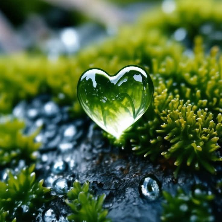 Heart-shaped water droplet on bright green moss in a macro nature scene