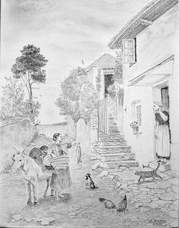 Pencil drawing of a village courtyard with donkey, people, cats, chickens, stone stairs and whitewashed buildings