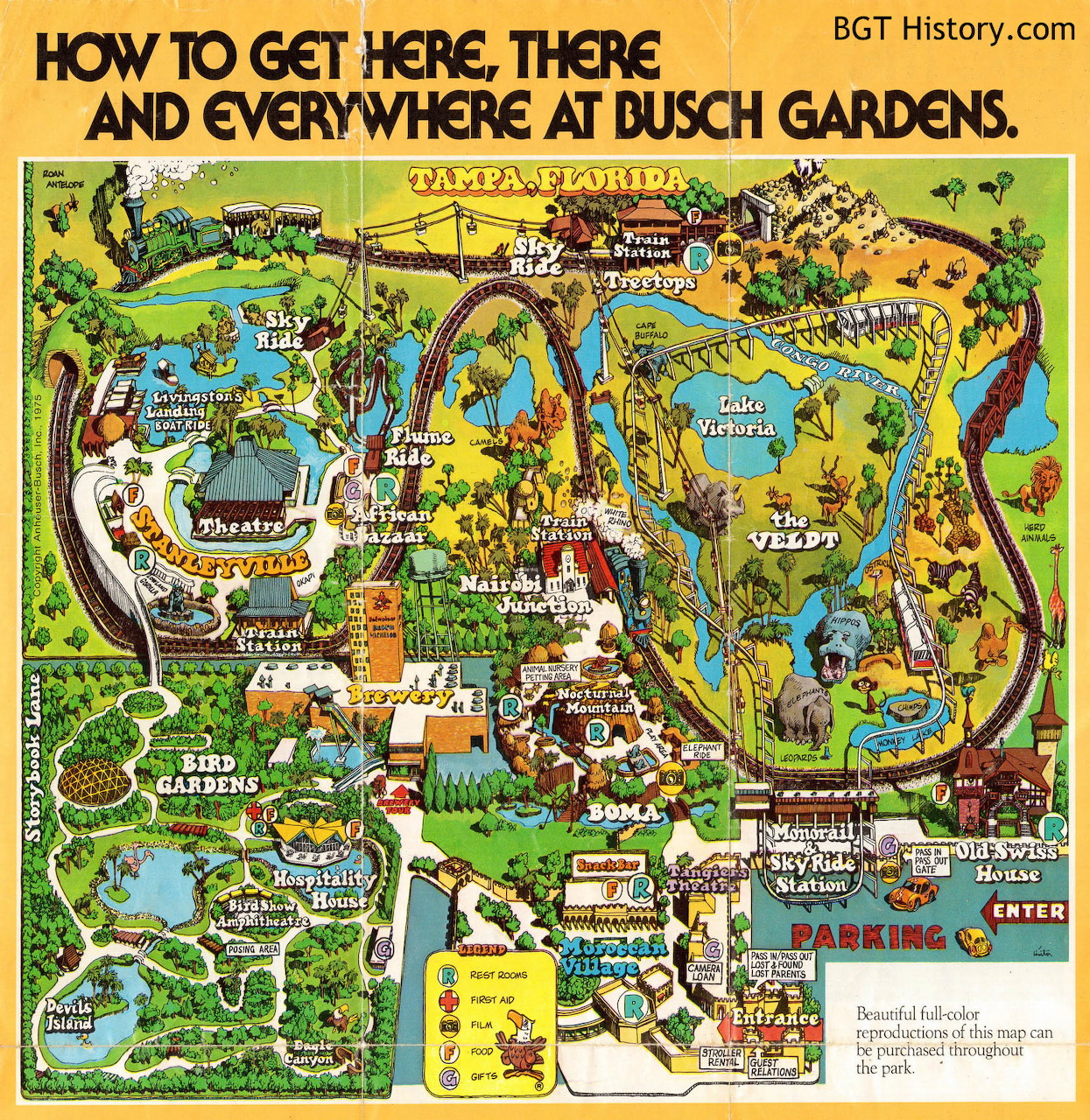 Vintage illustrated Busch Gardens park map with labeled attractions, paths, and parking areas