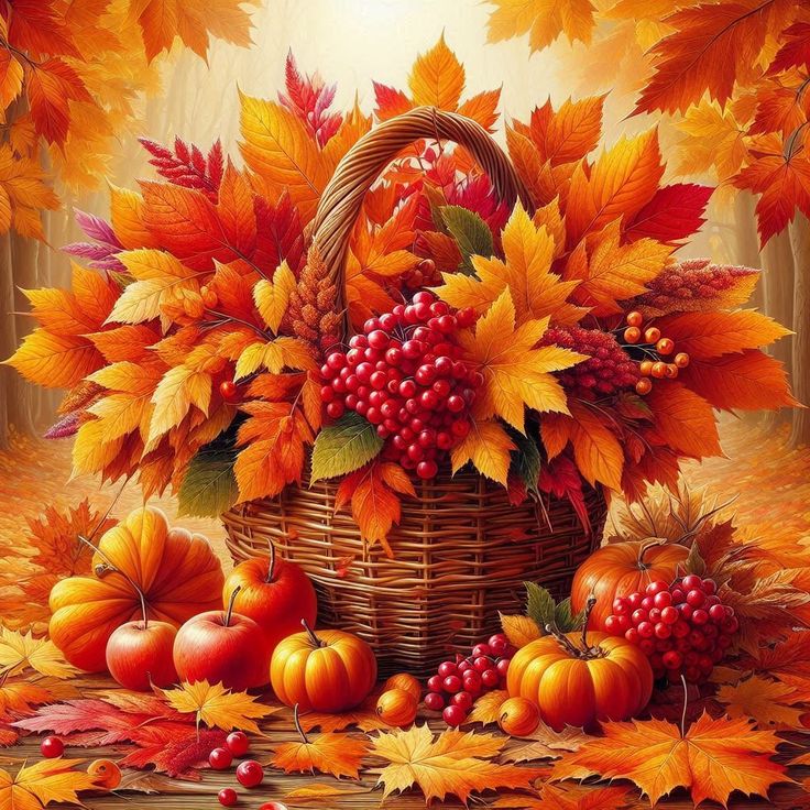 Autumn basket with sunflowers, pumpkins, berries and fall leaves in warm colors