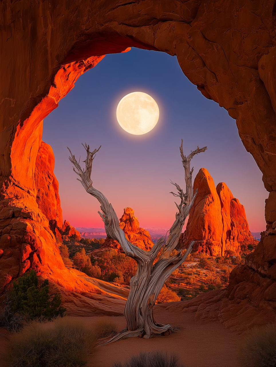 Full moon seen through a red sandstone arch with dead tree and rock formations at twilight