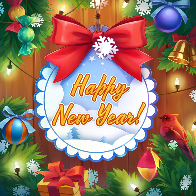 Happy New Year sign with red bow, ornaments, lights, snowflakes, and gifts among pine branches