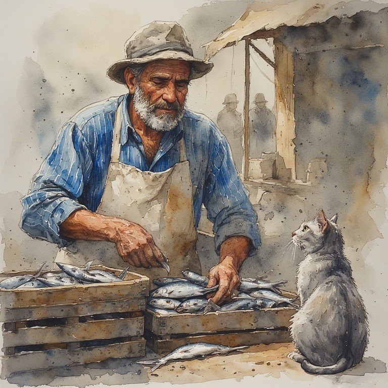 Elderly fishmonger in blue shirt and apron sorting fresh fish on wooden crate while gray cat watches nearby