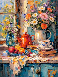 Impressionist painting of tea set with wildflower bouquets and fruit on weathered blue table near window