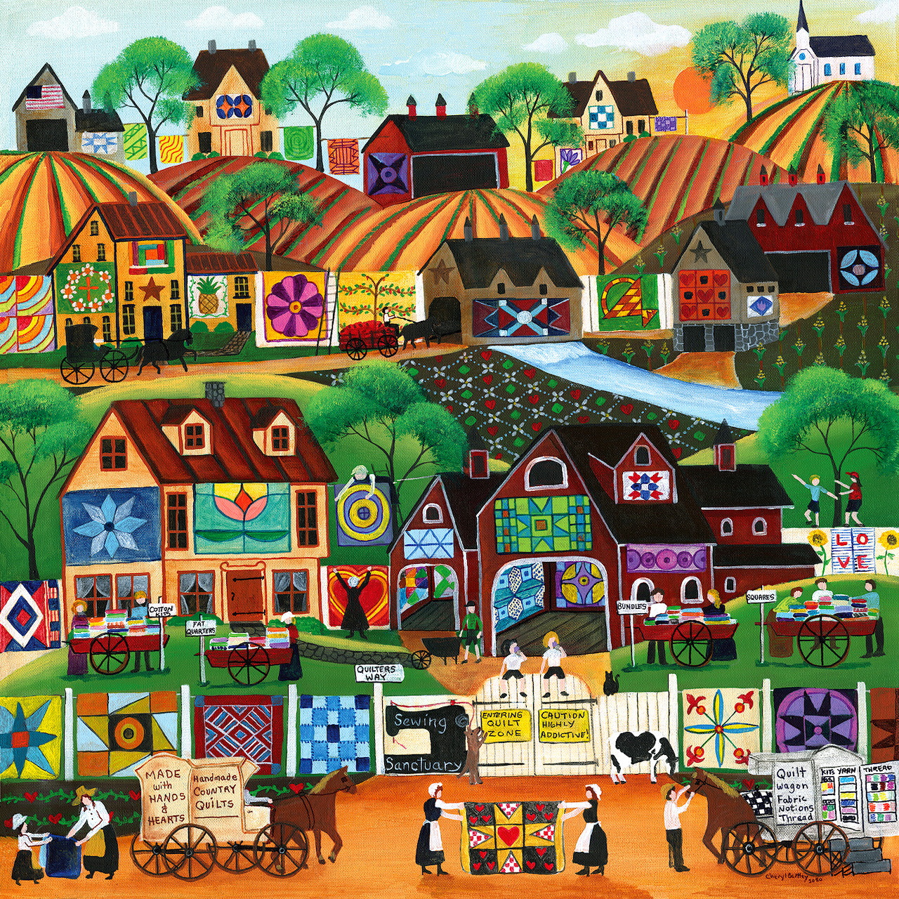 Colorful folk art illustration showing a quaint farming village with quilt patterns, barns, gardens, and countryside elements