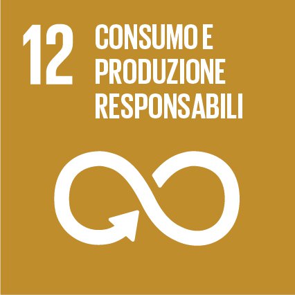 SDG Goal 12 badge with infinity loop and Italian text Consumo e Produzione Responsabili on gold background