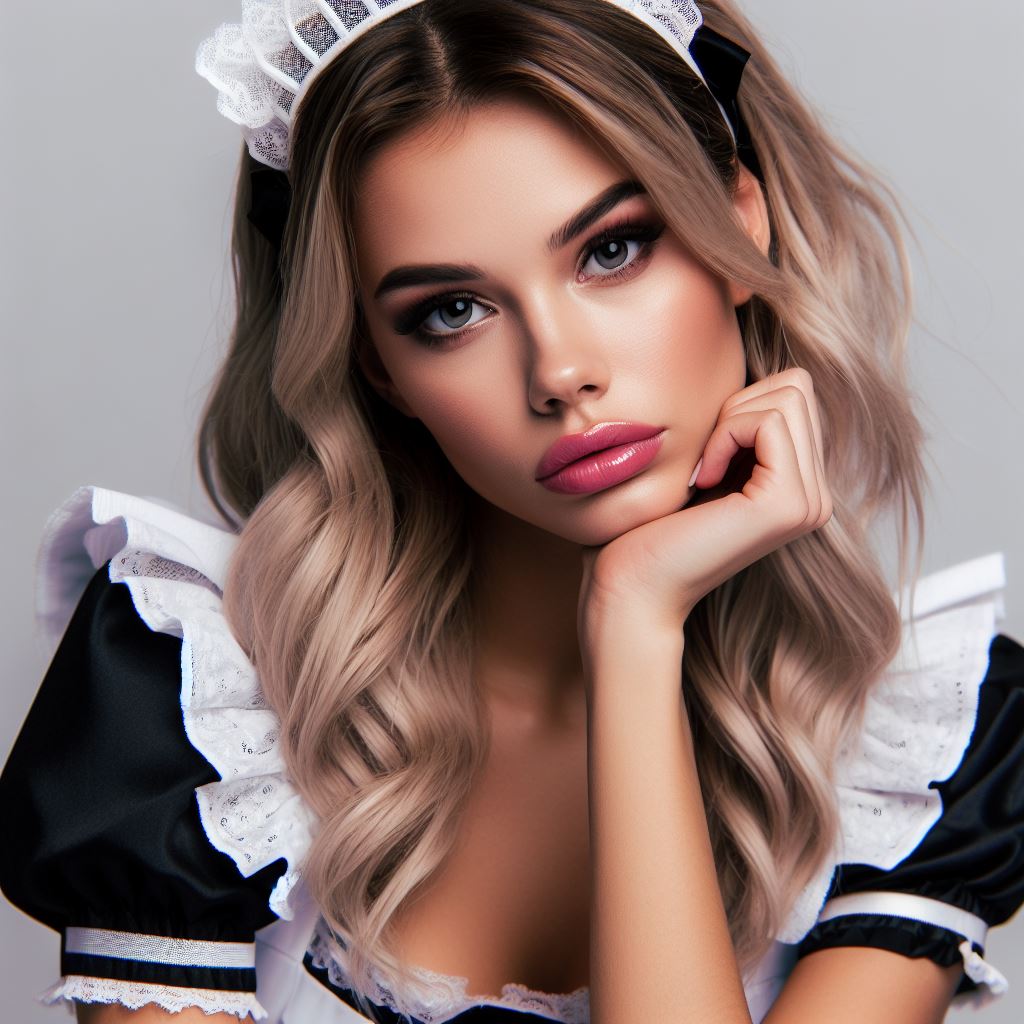 Portrait of woman with blonde hair in black and white maid costume