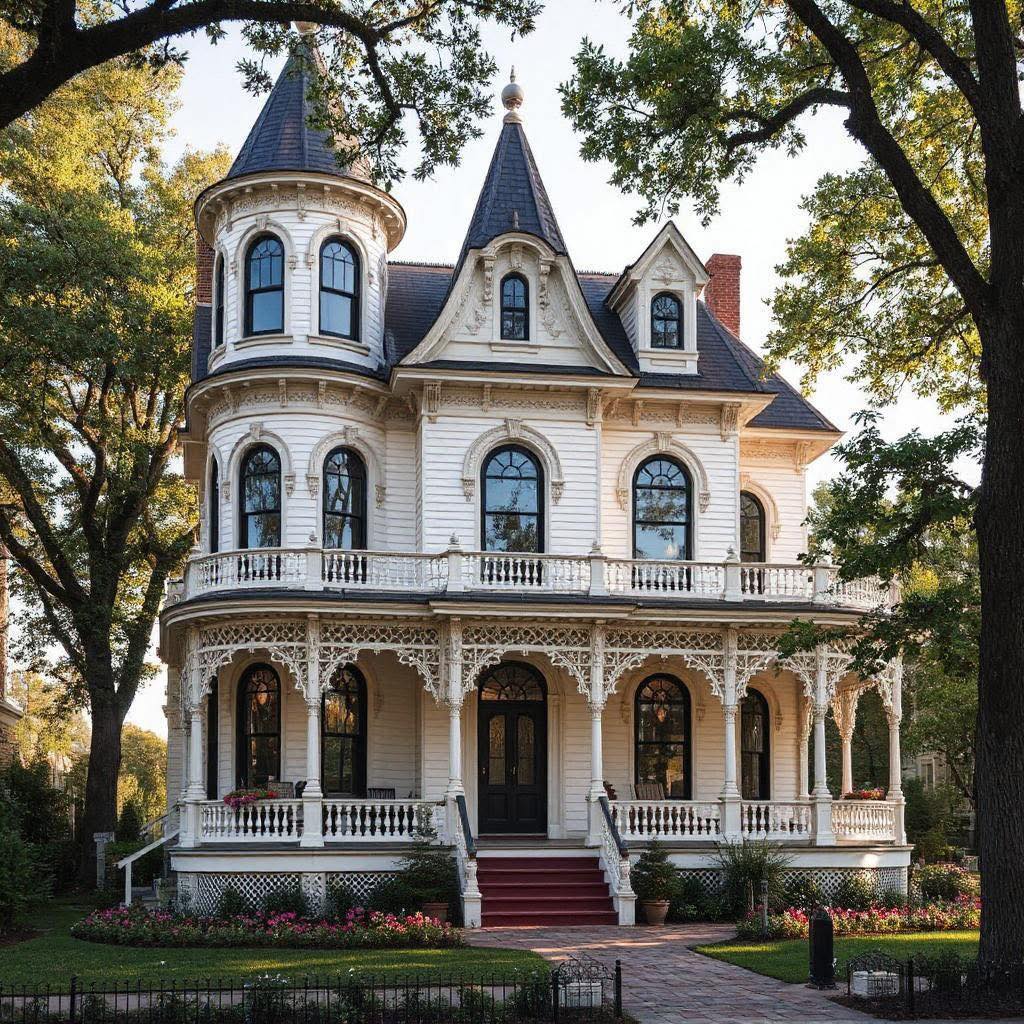 White Victorian mansion with twin turrets, wraparound porches, and ornate architectural details surrounded by trees