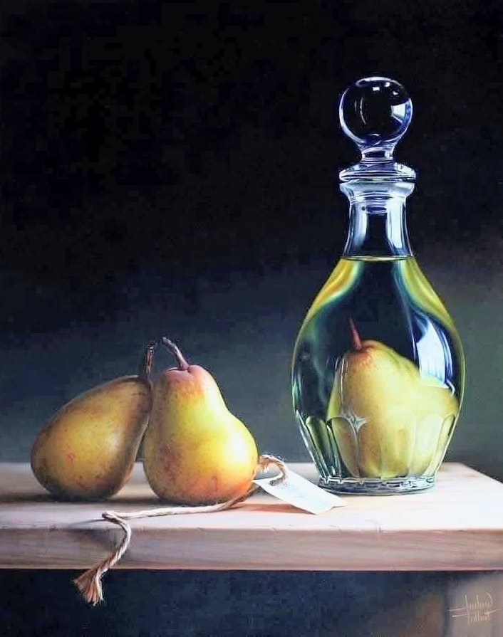 Still life painting of two pears beside a glass decanter with a pear inside
