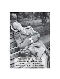 Black-and-white vintage photo of a woman sleeping on a park bench with a napping quote