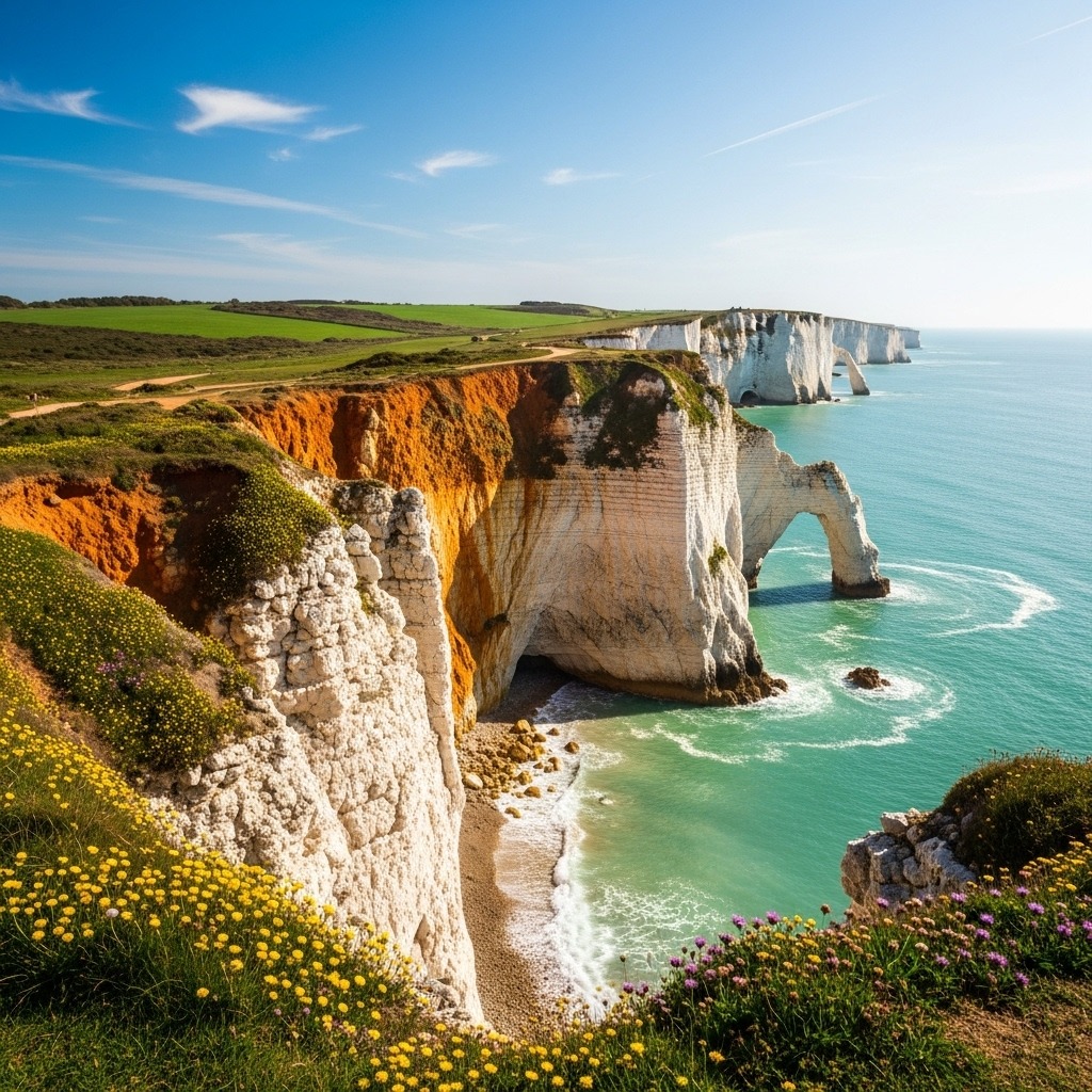 White cliffs and sea arch at Étretat above turquoise water under a blue sky