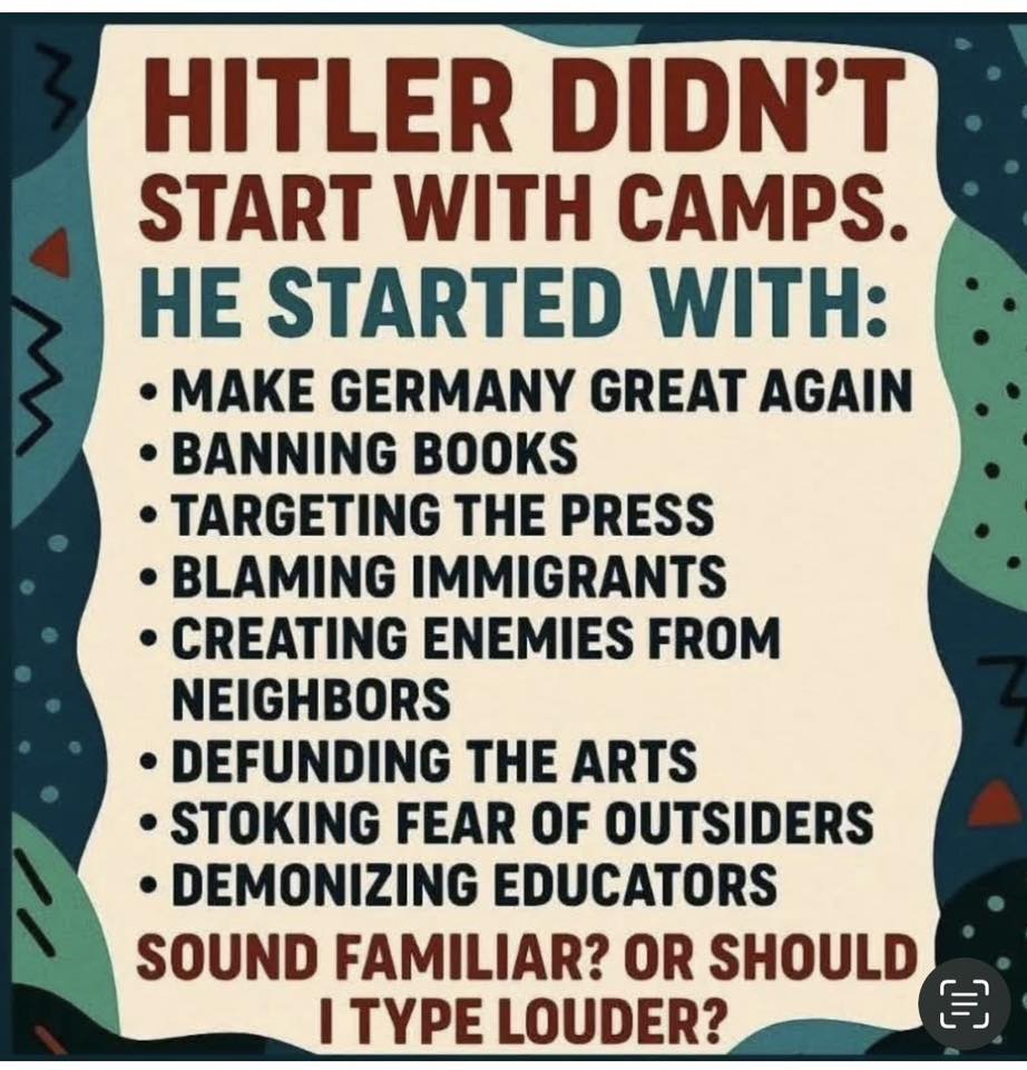 Text poster comparing historical authoritarian tactics with modern political rhetoric and questioning the parallels