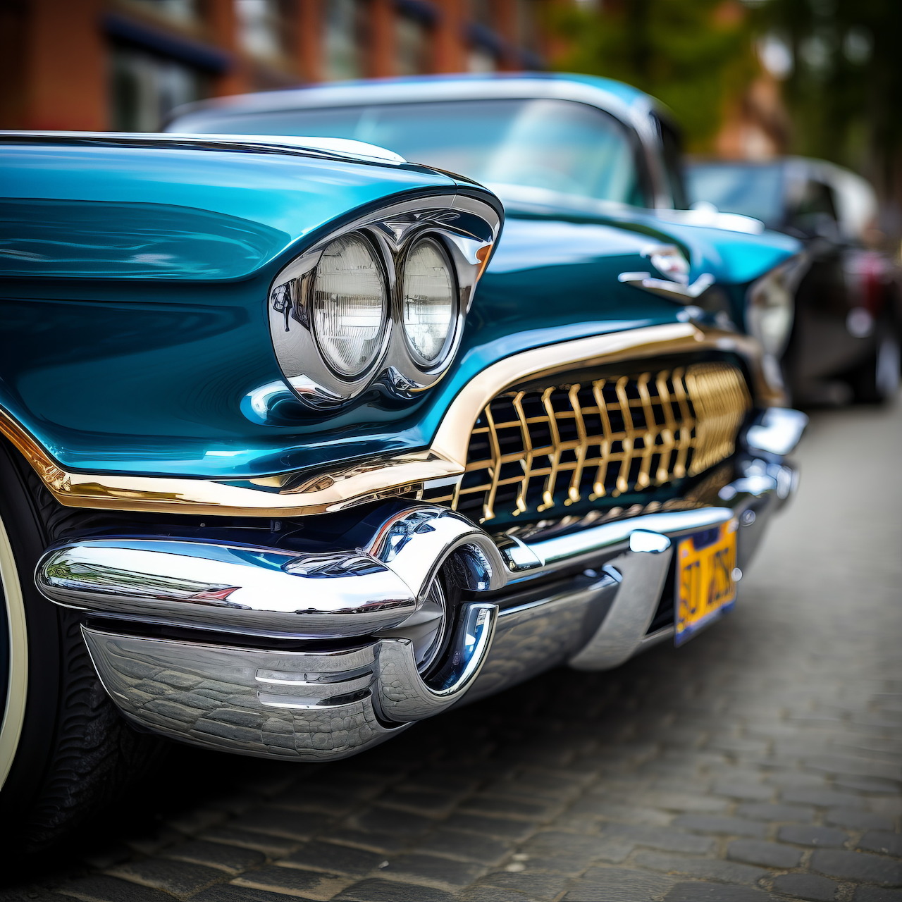 Close-up of a vintage blue classic car with chrome details parked on a street