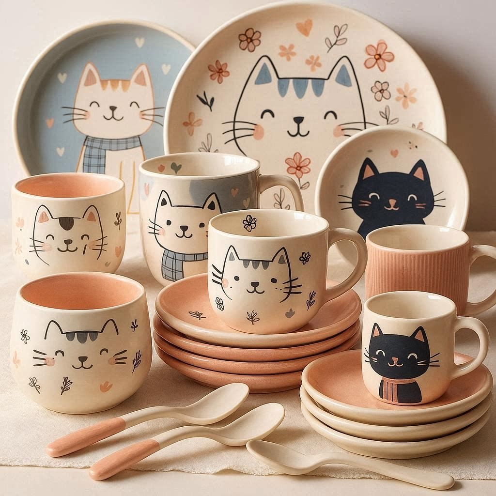 Collection of ceramic plates, mugs, bowls and spoons decorated with cute cartoon cat faces