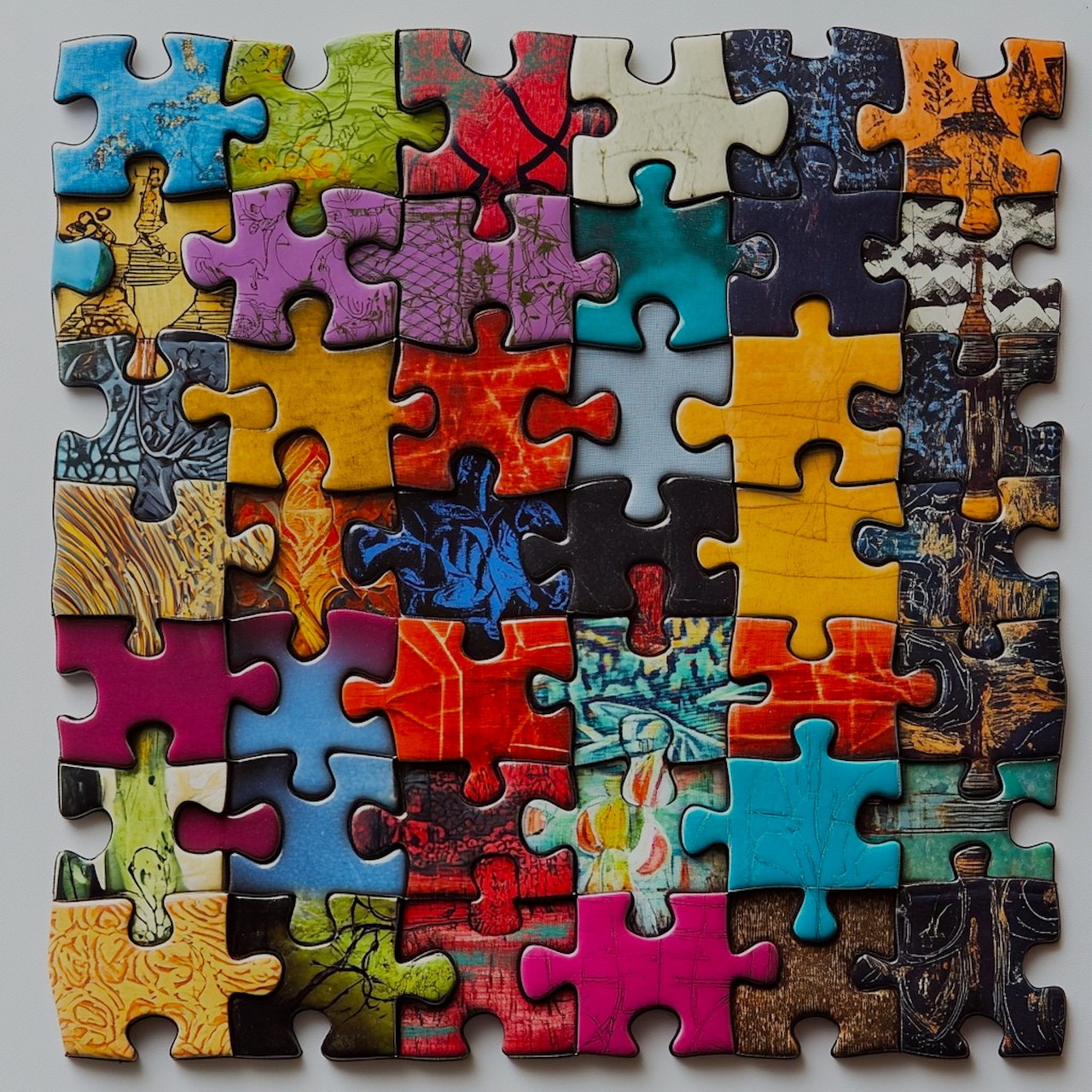 Close-up of colorful jigsaw puzzle pieces with assorted patterns and textures