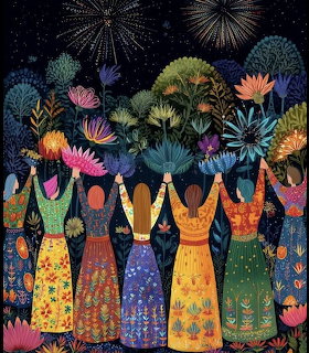 Illustration of women in patterned dresses holding hands under fireworks and flowers at night