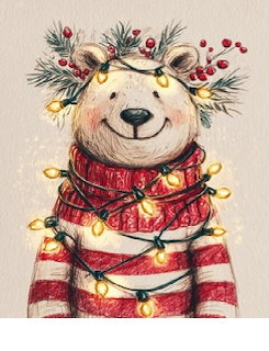 Illustrated bear in a red striped sweater, wrapped in Christmas lights with pine and berries