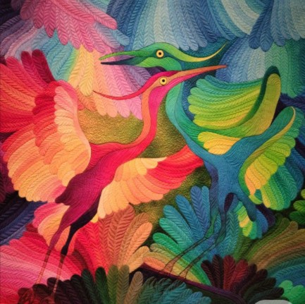 Colorful abstract birds with long beaks and layered feather-like patterns