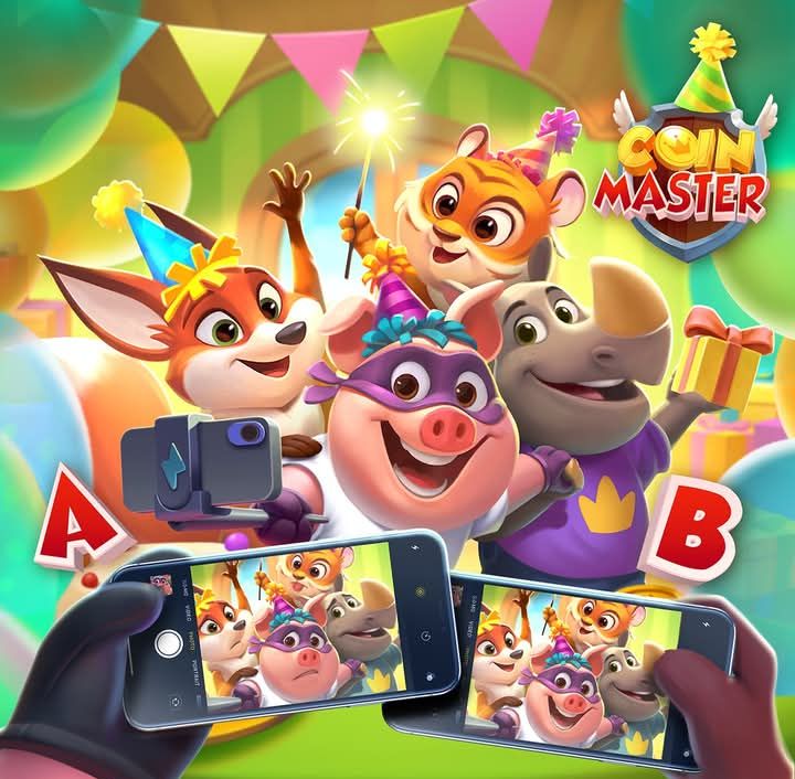 Colorful cartoon animals wearing party hats pose for a phone photo with balloons and presents