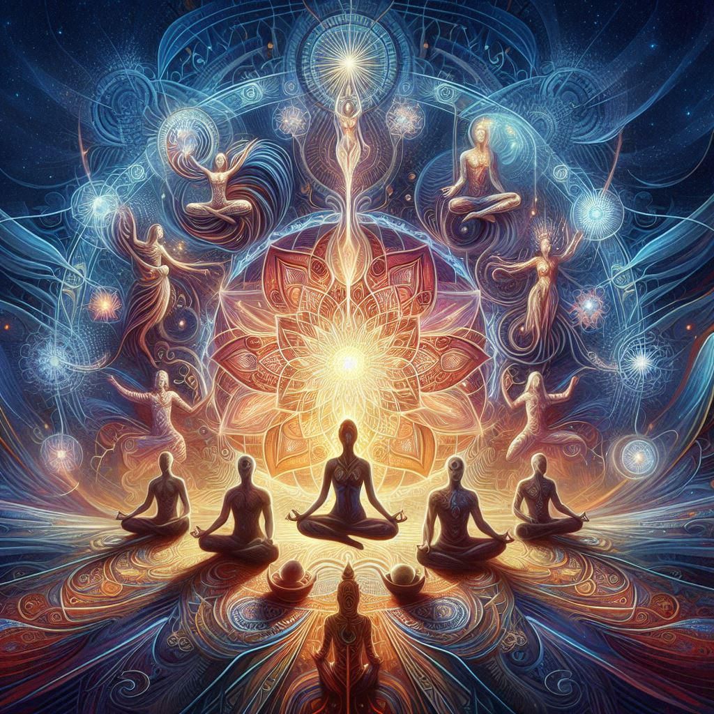 Glowing spiritual art with meditating silhouettes, cosmic mandala, and radiant light in blue and orange hues