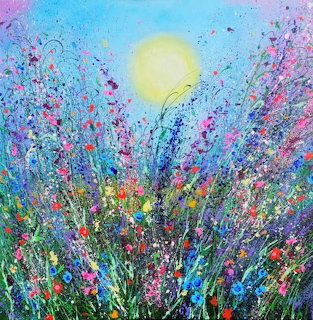 Impressionist painting of vibrant wildflowers in pink, purple, blue blooming under a bright sun in turquoise sky
