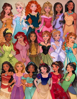 Illustration of multiple Disney princess characters standing together in colorful dresses