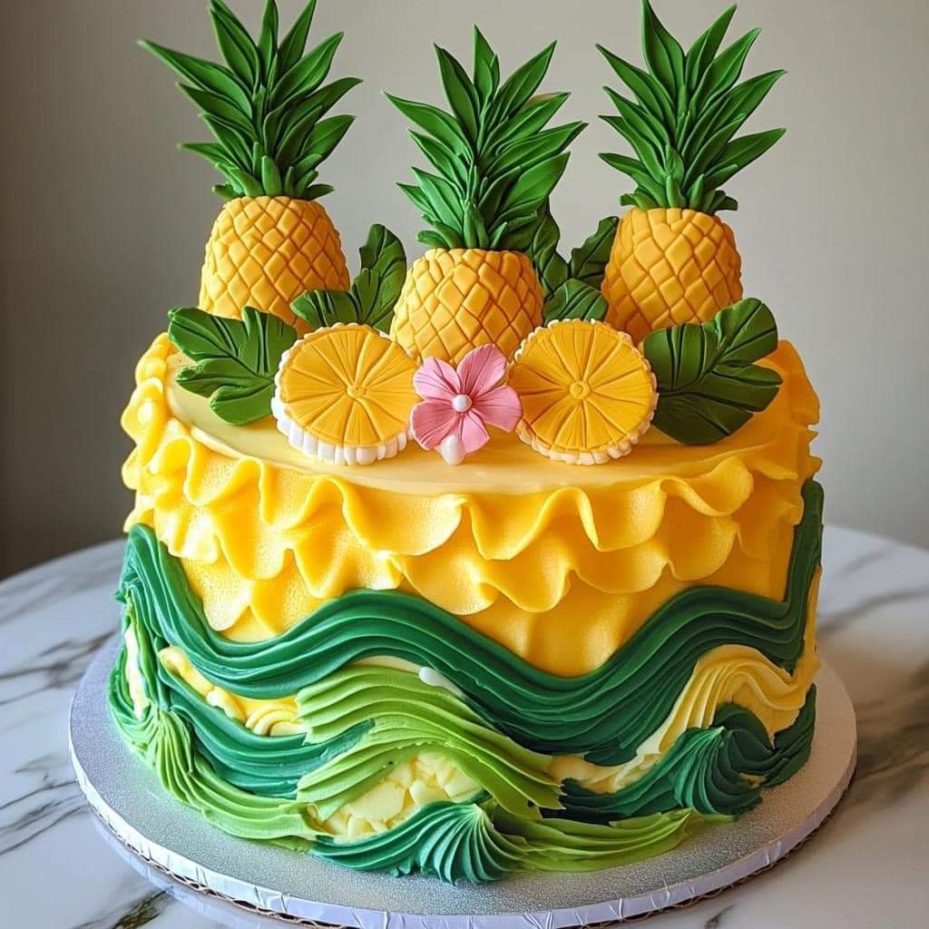 Tropical themed cake with pineapples, palm leaves, and ruffled yellow-green frosting layers